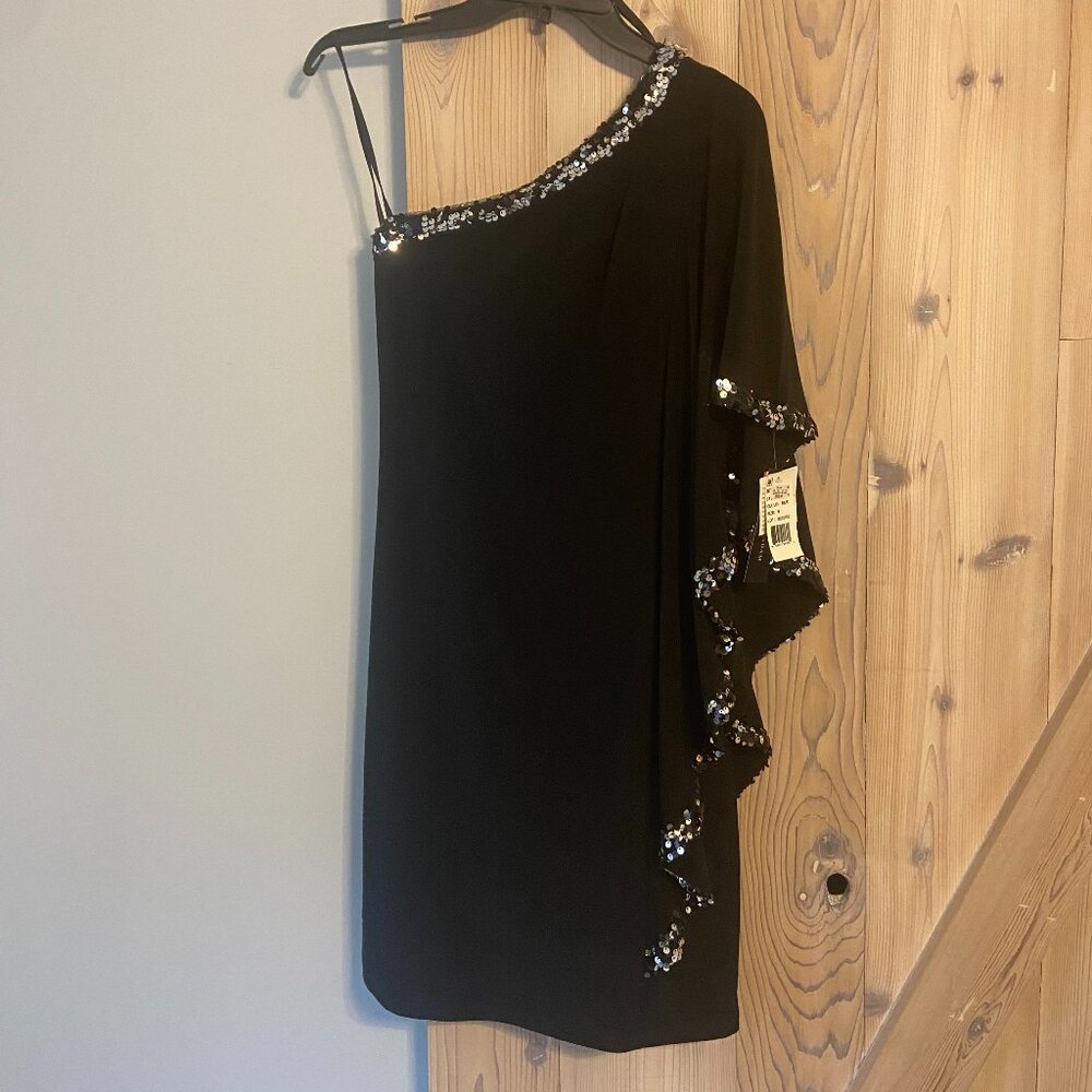 Betsy & Adam Black Sz 6 One Shoulder Sequined Knee Length Dress-NEW NEVER WORN